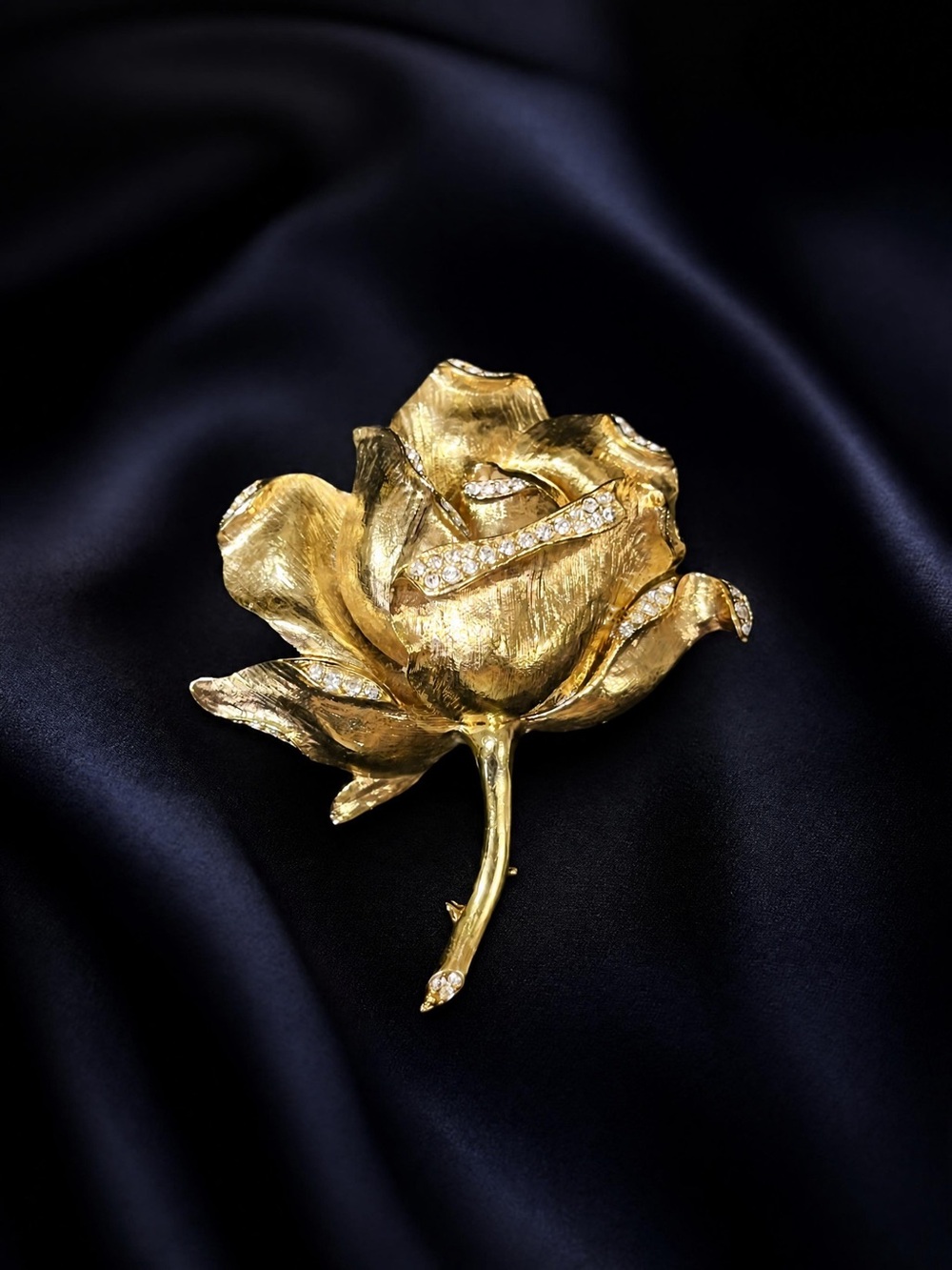 Nolan Miller Vintage Textured Gold & Pave Rhinestone Rose Brooch 1826